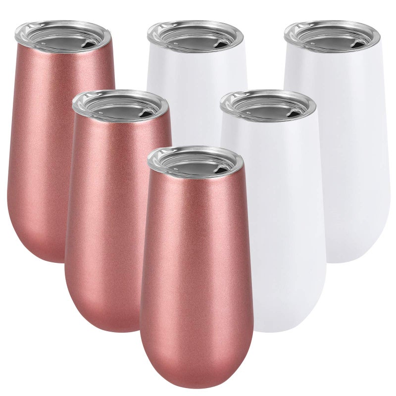 Lifecapido 6 Pack Stemless Double Insulated Champagne Flute Tumbler with Lid, 6 Oz Unbreakable Reusable Cocktail Champagne Toasting Glasses, Good Gift for Friends Family Christmas Birthday, White and Rose Gold - Image 1